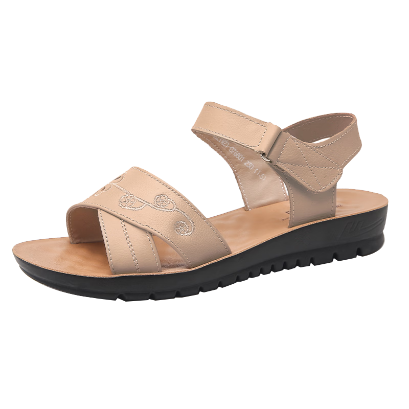Warrior Women's Summer Sandals Soft Sole Genuine Leather Middle-aged and Elderly Non-slip Shoes New Model 0768 Beige Size 37