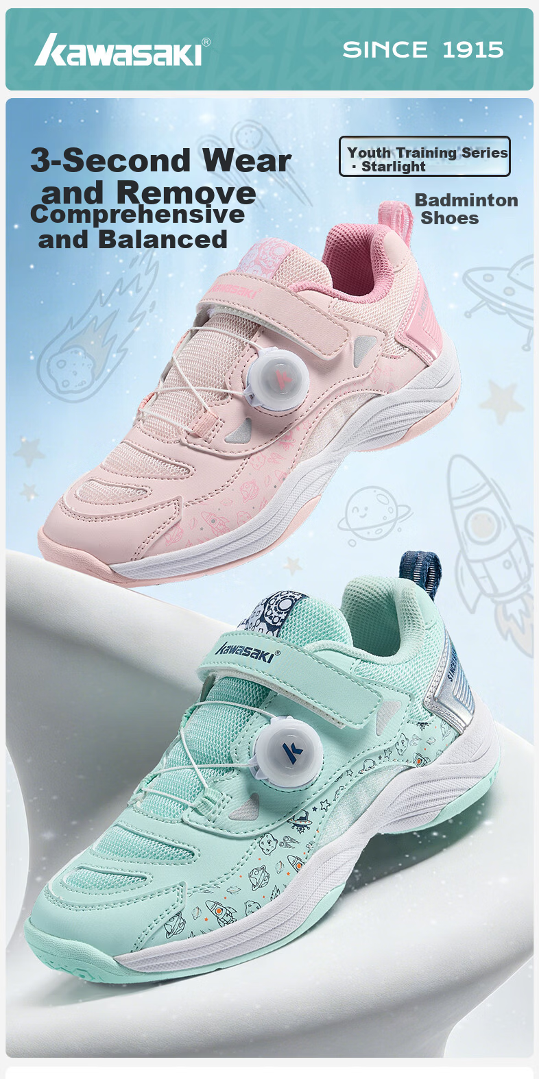 KAWASAKI Kids Badminton Shoes Anti-Twist Wear-Resistant Dial Buckle Velcro Starlight D42039 Pink Size 37 1