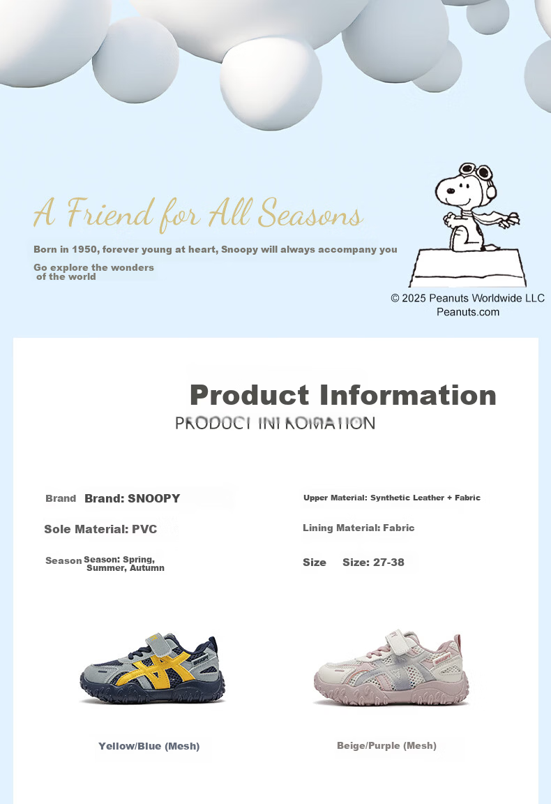 SNOOPY Girls Breathable Mesh Sneakers Summer Lightweight Kids Sports Shoes Girls Mesh Running Shoes 0137 Beige/Purple 27 1