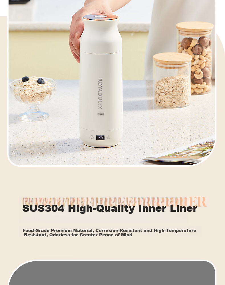 ROYALTY LINE Portable Electric Water Heater Cup Small Electric Kettle Travel Electric Cup Smart Thermostat 304 Stainless Steel Kettle 0.45L 23