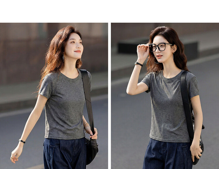 Demana [Smooth Lyocell] Summer Simple Style Round Neck Short Sleeve Slim Fit Petite Versatile High-End Women's T-Shirt 15
