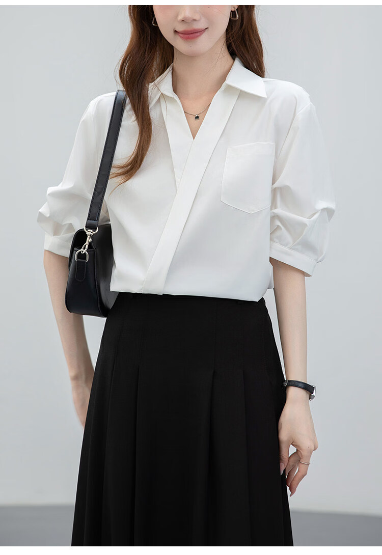 Handu Yishe Women's Short Sleeve Shirt 2026 Summer Commuting V-Neck Light Professional White Blouse M 10