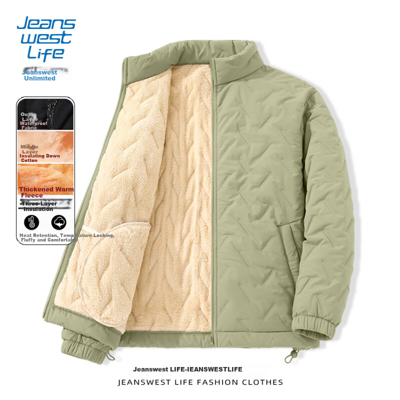 JEANSWEST LIFE Men's Winter Three-Protection Ultrasonic Cotton Jacket Windproof Stand Collar Fleece Thickened Cold-Resistant Warm Coat 7
