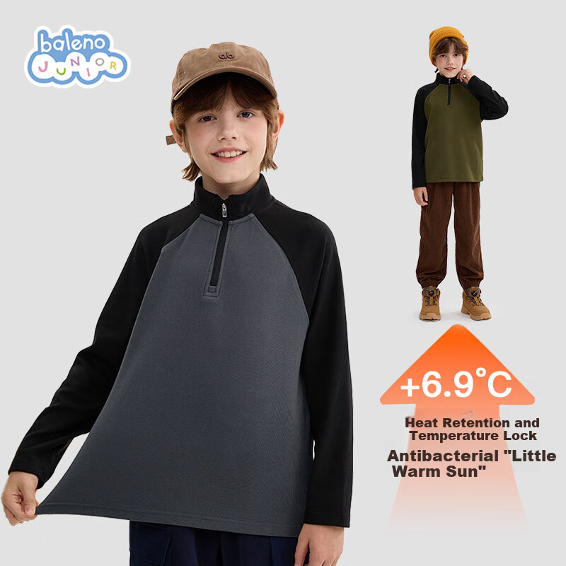 Baleno Boys' Thermal Fleece-Lined Half-Zip Long Sleeve T-Shirt Autumn Winter Kids' Warm Sweatshirt