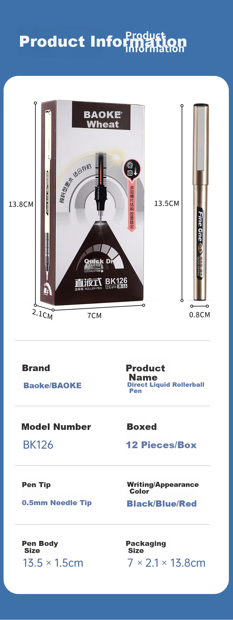BAOKE BK126 0.5mm Liquid Ink Rollerball Pen Student Exam Writing Office Signature Gel Pen Black 12pcs/Box 7