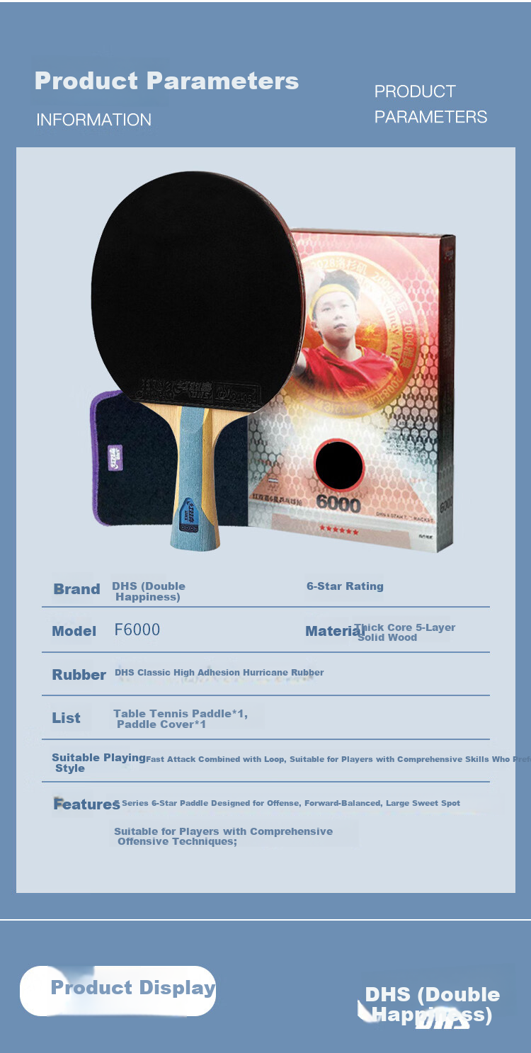 DHS Kuangbiao Six-Star Table Tennis Paddle, Penhold Grip, Reverse Rubber, Looping And Fast Attack Combined, F6000, Includes Racket Case 6