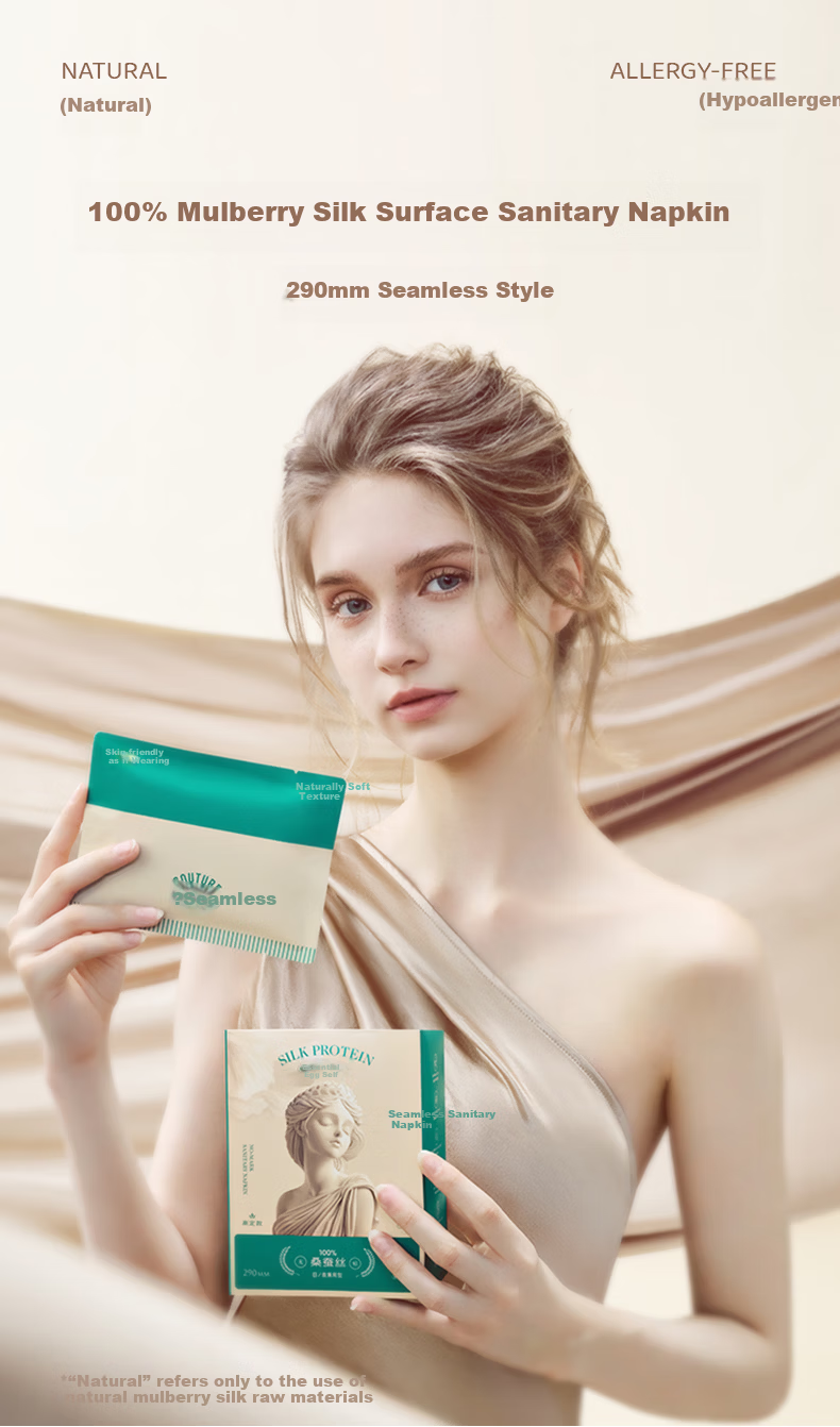Eve's Kiss Medical-Grade Seamless Sanitary Pads 100% Mulberry Silk Sensitive Skin Strong Absorption Day and Night Use Leak-Proof 290mm 5pcs 1