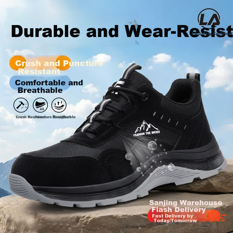 Jingtu Men's Summer Breathable Steel Toe Safety Work Shoes Anti-Smash Anti-Puncture Comfortable Durable 5039FBK Size 43