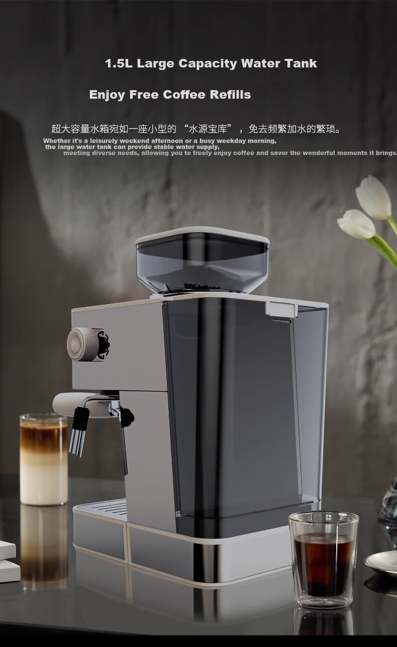 Tim Hortons Tims T5 Fully/ Semi-Automatic Italian Home Coffee Machine Grinder Integrated Cold Brew Version One-Touch Milk Frother Detachable Burr Silver 16