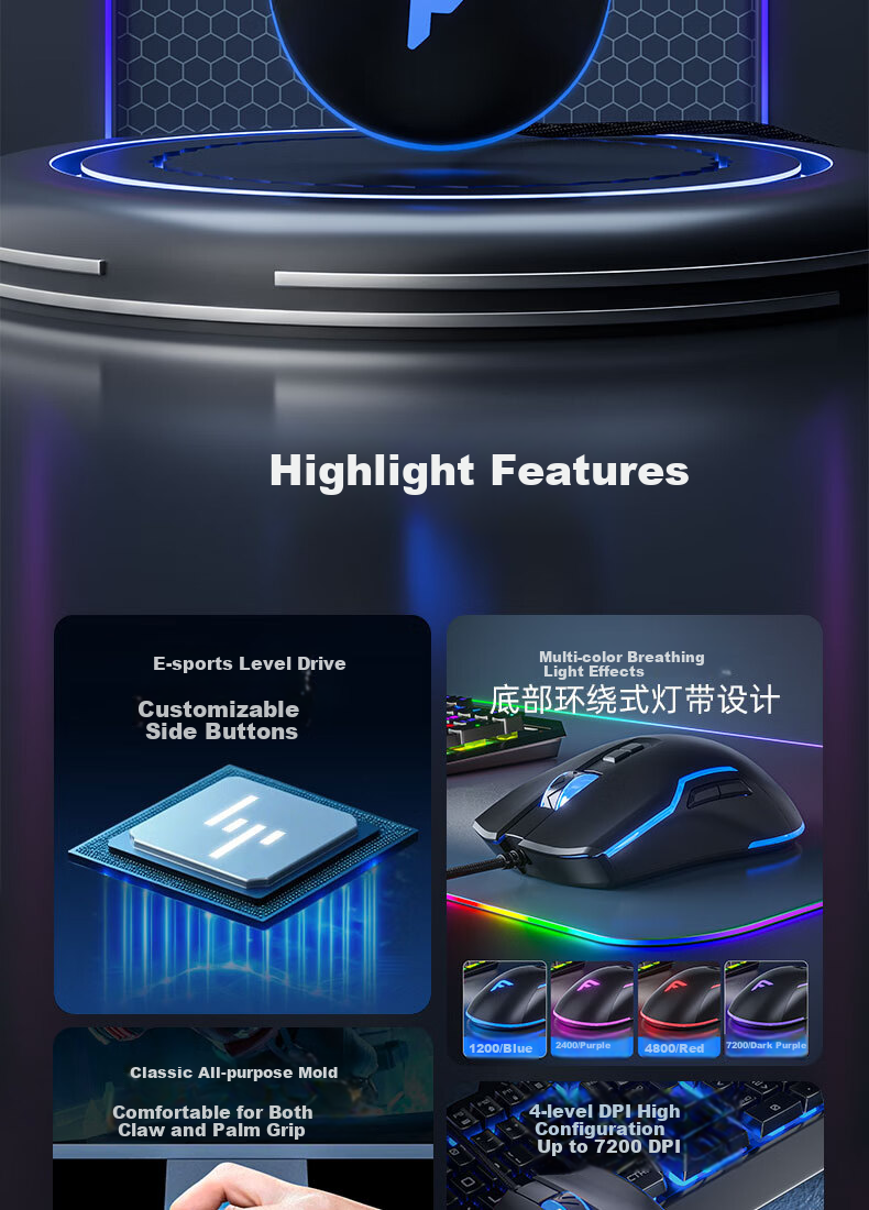 Founder Seven-Color Mixed Light Wired Gaming Mouse 4-Level Up to 7200DPI Esports-Grade Chip Gaming Office Mouse Universal for PC Laptop G900 Black 2