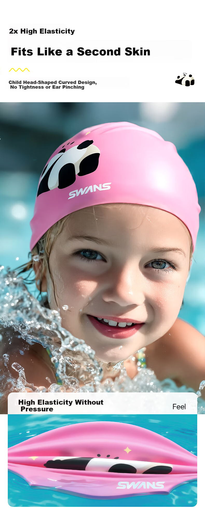 SWANS Quick-Install Children's Swimming Cap for Boys And Girls, High-Elasticity Non-Binding Waterproof Ear Protection Cartoon Ear-Covering Hot Spring Swimming Cap 2
