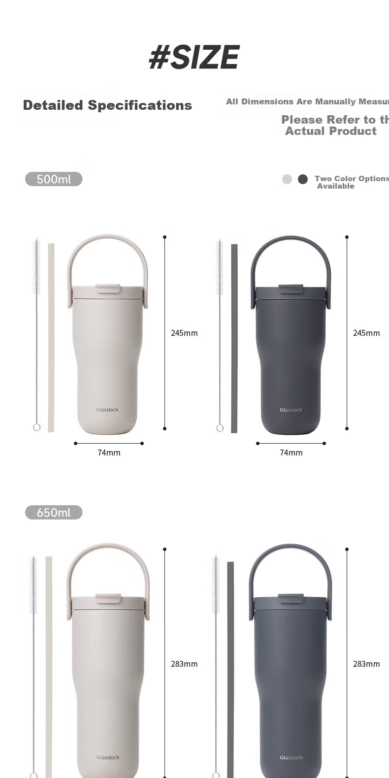 GLASSLOCK Large Capacity Insulated Tumbler with Detachable Handle and Straw, Minimalist Travel Thermos Cup 650ml 2