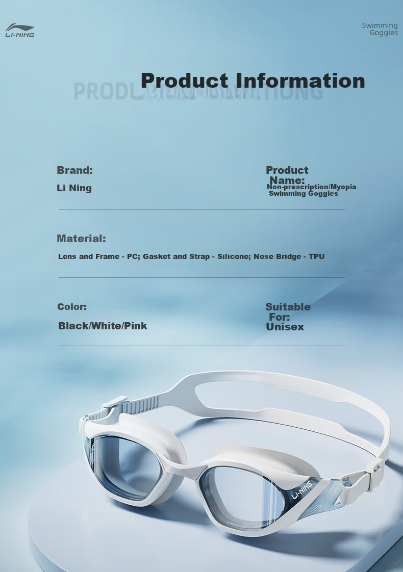 LI-NING Waterproof Anti-Fog Swimming Goggles for Men and Women, High-Definition Swimming Glasses with Prescription Lenses and Swim Cap 4
