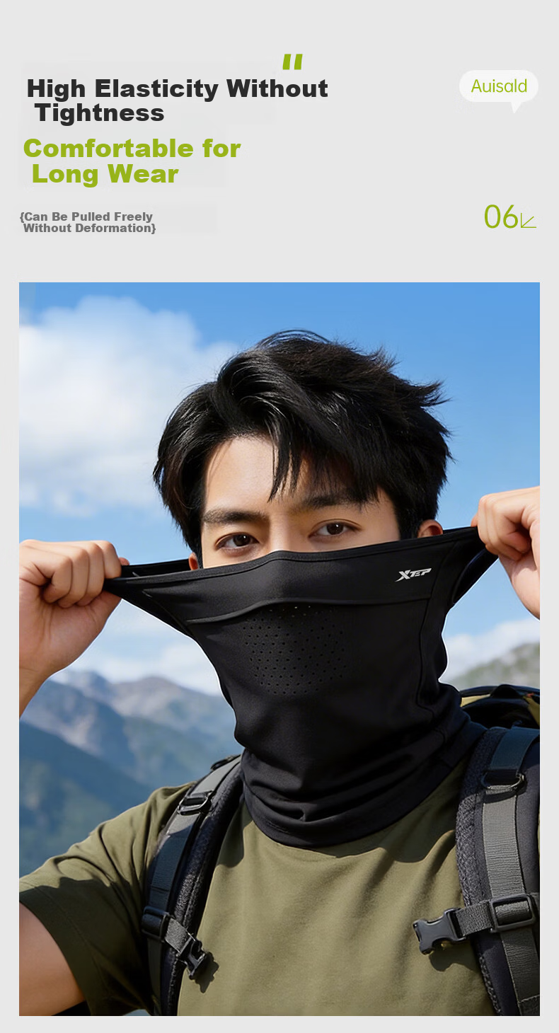 XTEP Sun Protection Face Mask Ear-Hook Cycling Neck Gaiter for Men, Full Face Windproof Dustproof UV Protection Mountaineering Gear 18