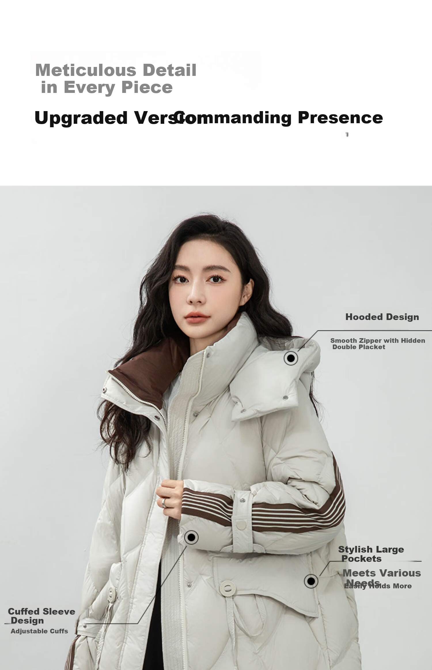 BLOOM FLOWERS Women's Down Jacket 2025 Winter Mid-Length Solid Color Striped Fashion Casual Hooded Warm Coat 9