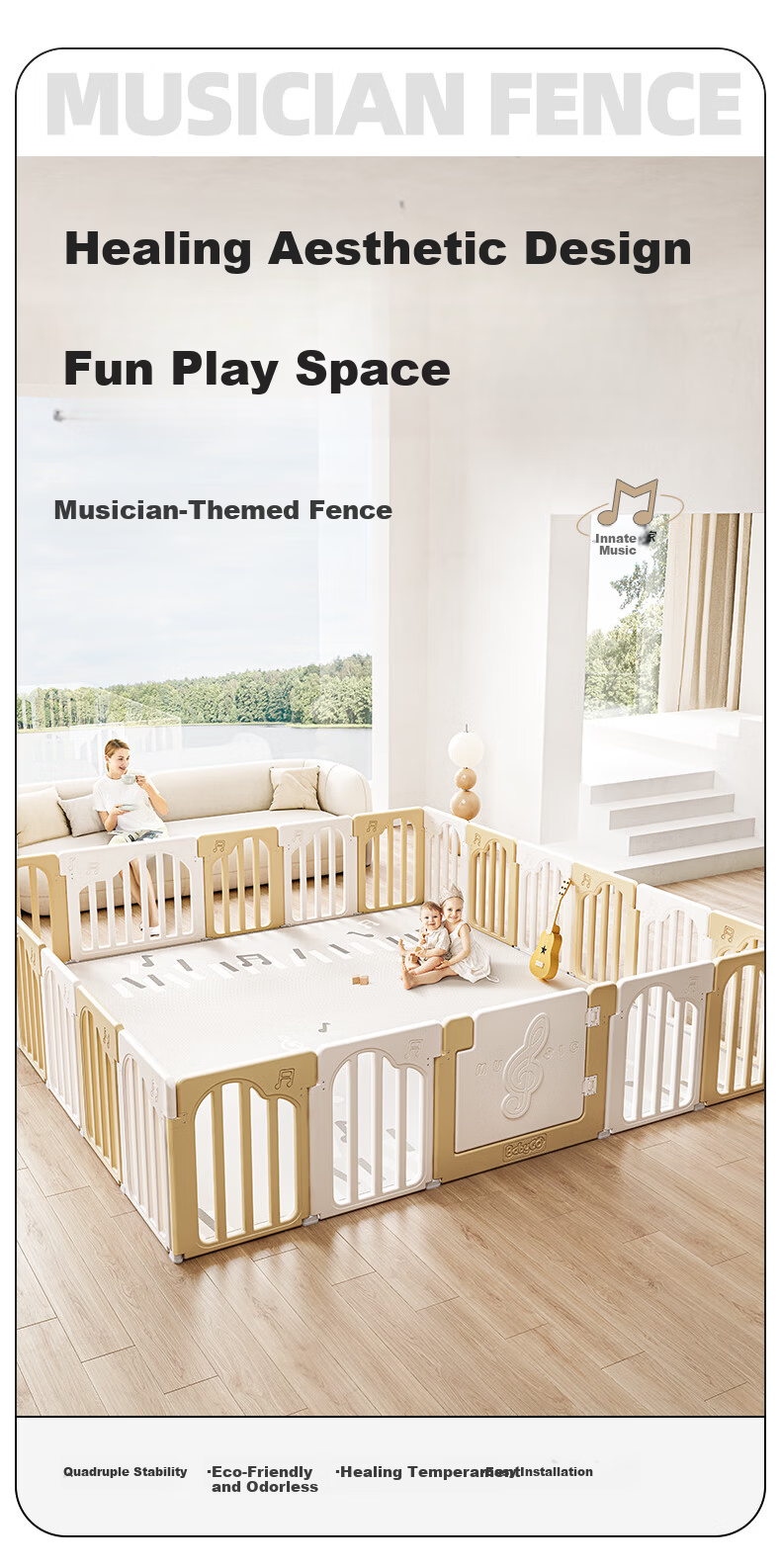BG-BABYGO Musician Playpen Baby Crawling Mat Integrated Baby Safety Fence Indoor Home Child Barrier 3