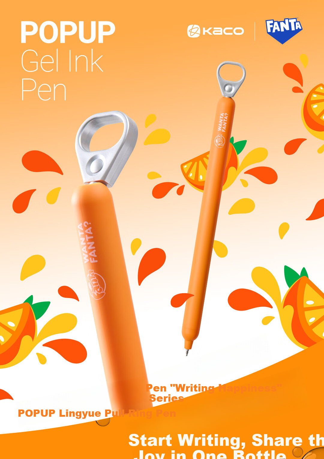KACO Fanta Collaboration Black 0.5mm Retractable Unisex Pen Student Use Quick-Dry Signature Pen High-Value Water Pen Large Capacity Carbon Pen Peach - Single Black 1