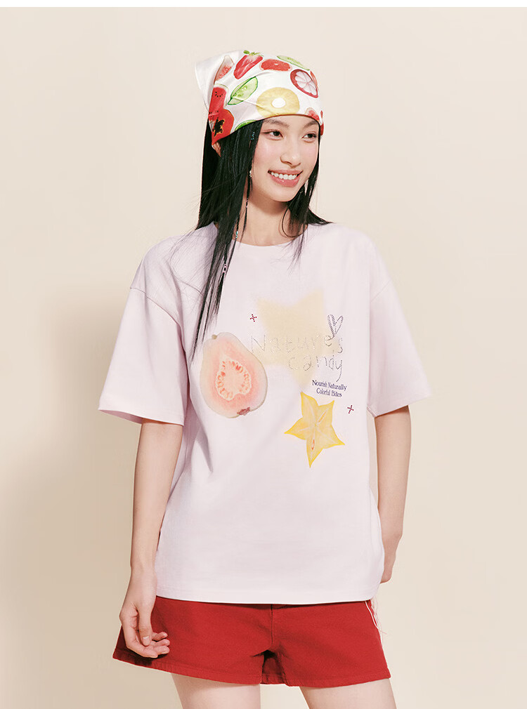 Semir Women's Summer Short Sleeve T-Shirt Mid-Length Loose Pure Cotton Rhinestone Fruit Pullover 2026 109326100028 27