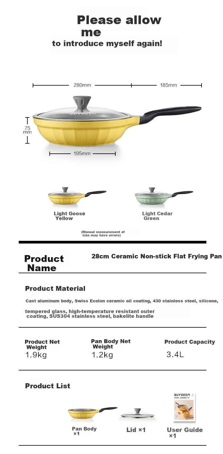 Buydeem Non-Stick Frying Pan 28cm Ceramic Oil-Free Low-Smoke Skillet Yellow 3