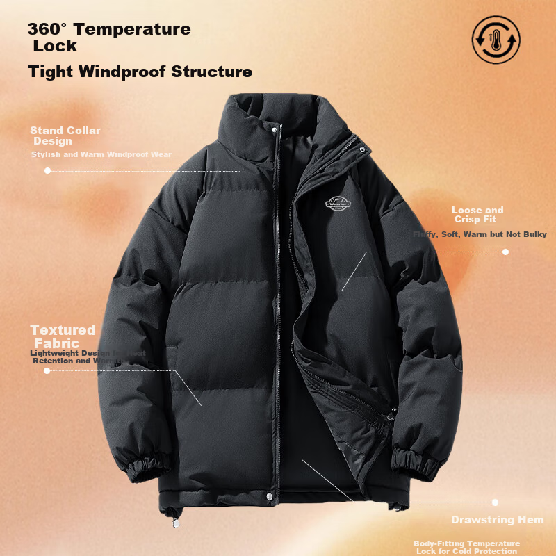 Warrior Men's Winter Cotton Padded Jacket, Stand Collar, Thickened, Cold-Resistant, Warm, Versatile Simple Men's Puffer Coat 6187