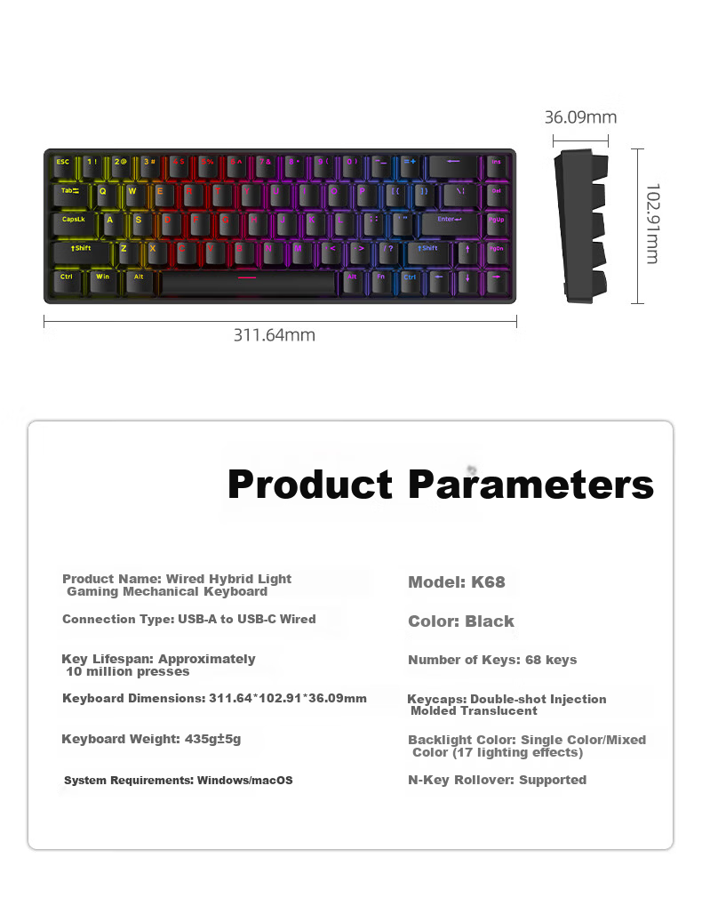 Founder K68 Wired Mechanical Gaming Keyboard RGB Backlit Portable Mechanical Keyboard Computer Tablet Peripheral Keyboard Office Typing E-sports Gaming Keyboard Red Switch 13