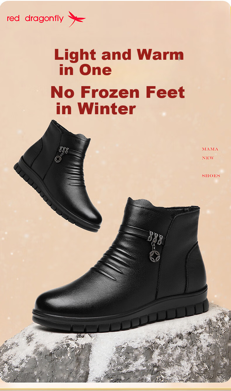 RED DRAGONFLY Women's Short Boots with Fleece Lining, Warm Snow Boots, Middle-Aged And Elderly Cotton Leather Shoes, Flat Cowhide Cotton Shoes WTC428791 Black Size 36 8