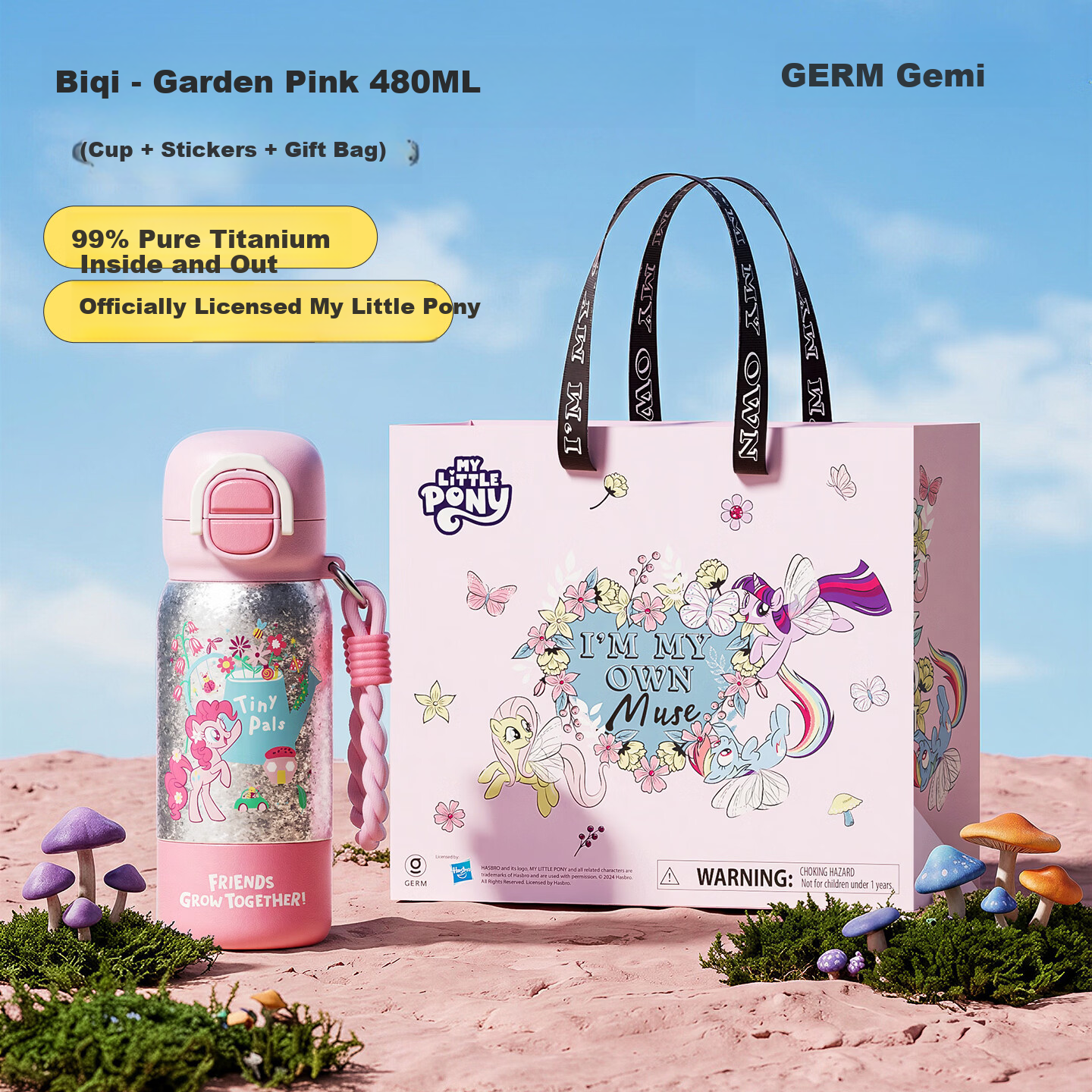 Germ My Little Pony Pure Titanium Children's Insulated Straw Bottle Dual Drinking Cup for Girls Student 480ML Garden Pink