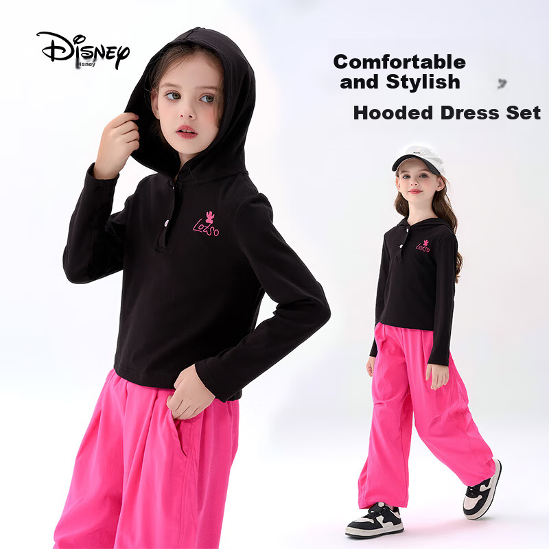 Disney Girls' Spring Autumn 2026 New Stylish Kids' Sweet Cool Hooded Top and Pants Set for Older Children