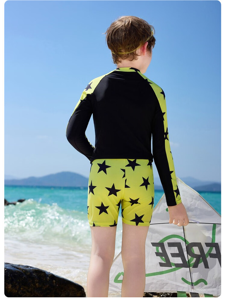 ASK JUNIOR 【Sun Protection and Chlorine Resistant】Children's Long Sleeve Swimsuit with Swim Cap, Two-Piece Boys' Training Set with Separate Shorts for Older Kids 12
