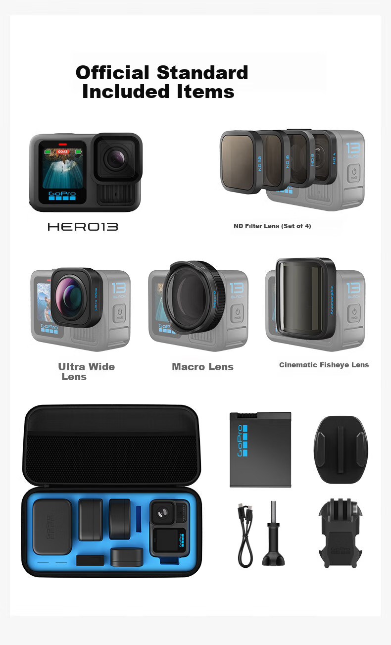 GOPRO HERO13 Black Sports Camera Official All-in-One Lens Kit [Camera + Wide-Angle Lens + Macro Lens + Cinema Lens + Filter Set + Hard Case] 16