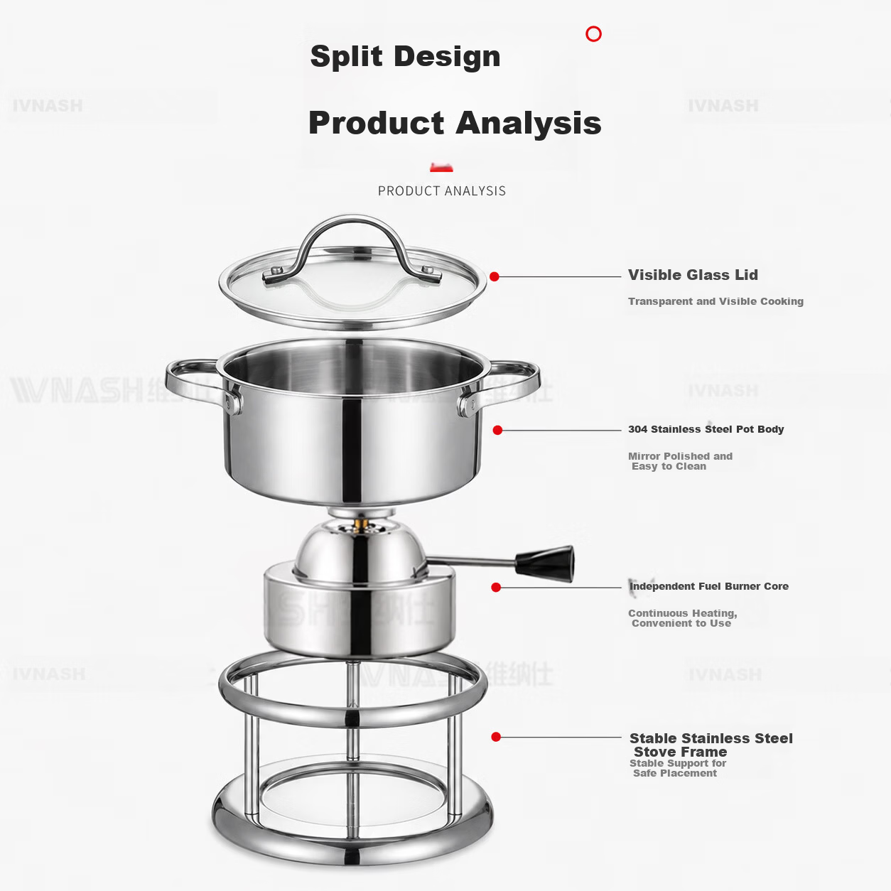 VNASH 304 Stainless Steel Single-Person Small Hot Pot Gas Stove Adjustable Moonlight Silver Glass Hot Pot Cooker
