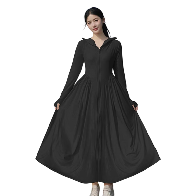 Langsha Women's Long Slim Fit Sunscreen Jacket UV Protection A-Line Full Body Sun Protection Dress Original Yarn Cooling Small Size Sun Protection Clothing