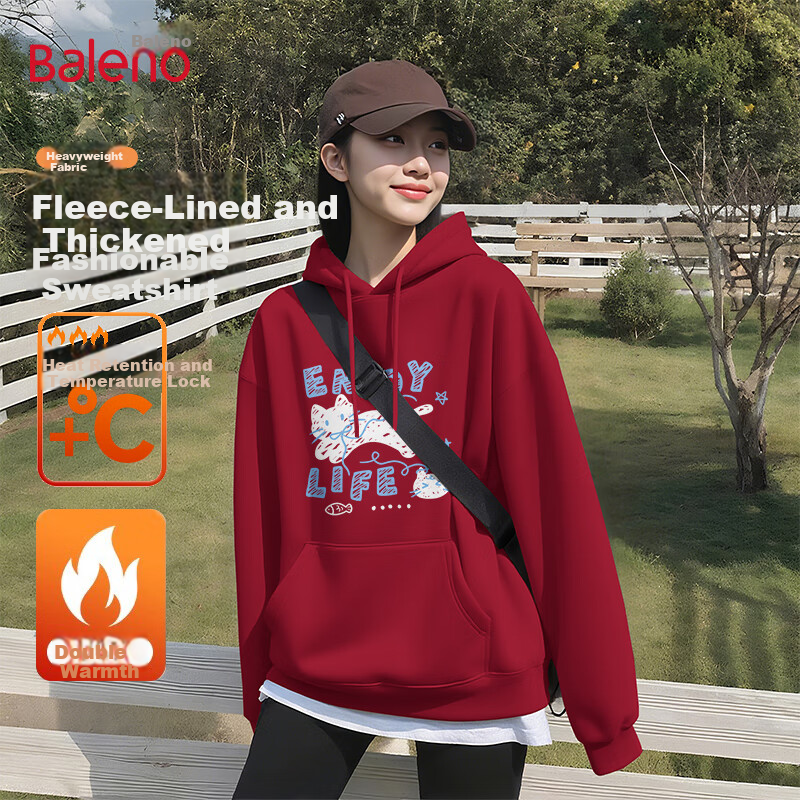 Baleno Trendy Fleece-Lined Hoodie for Women 2025 New Autumn Winter Thickened Casual Versatile Student Long Sleeve Sweatshirt