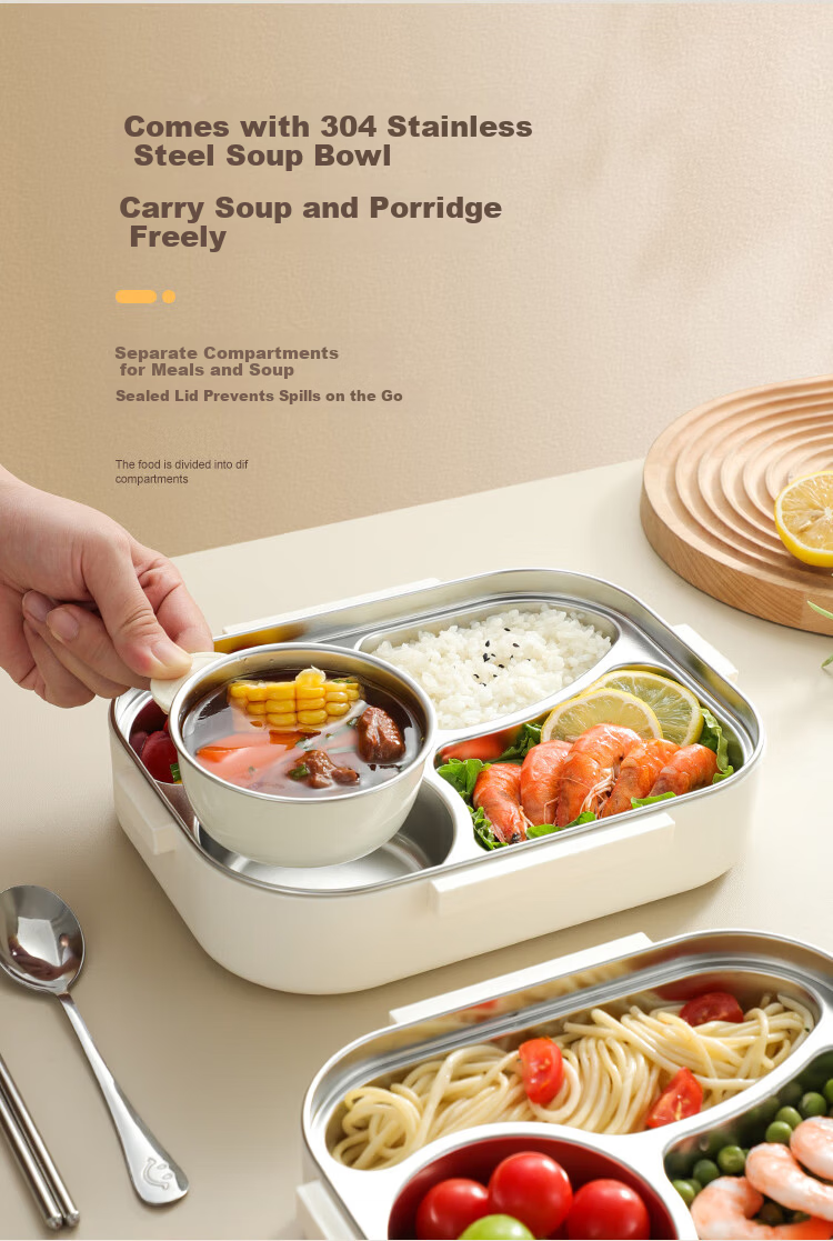 Wuxinzhi Zao 304 Stainless Steel High School Student Lunch Box, Office Worker Bento Meal Container, Microwave-Safe Plate, Light Coffee Color, 1000ml 9