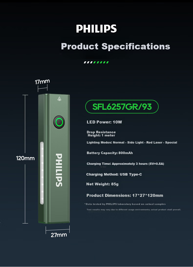 PHILIPS Flashlight, High Brightness, Magnetic Attraction, Household Use, Small Laser Pointer, Infrared Long-Range, Outdoor Lighting, Emergency Light, 6257GR 20