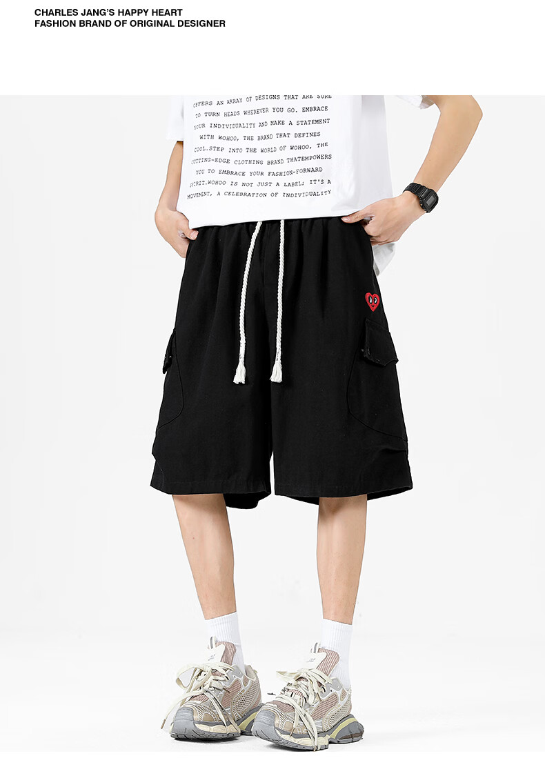Charles Peach Heart Trendy Workwear Five-Point Shorts Summer Loose Straight Casual Slim Black M 15