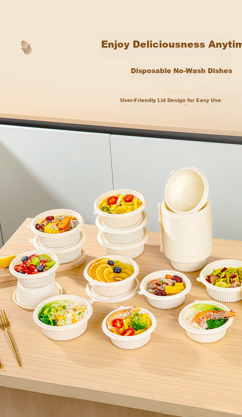 Temeiju Corn Starch Disposable Round Soup Bowl 450ml with Lid Food Grade Tableware 30 Sets 7