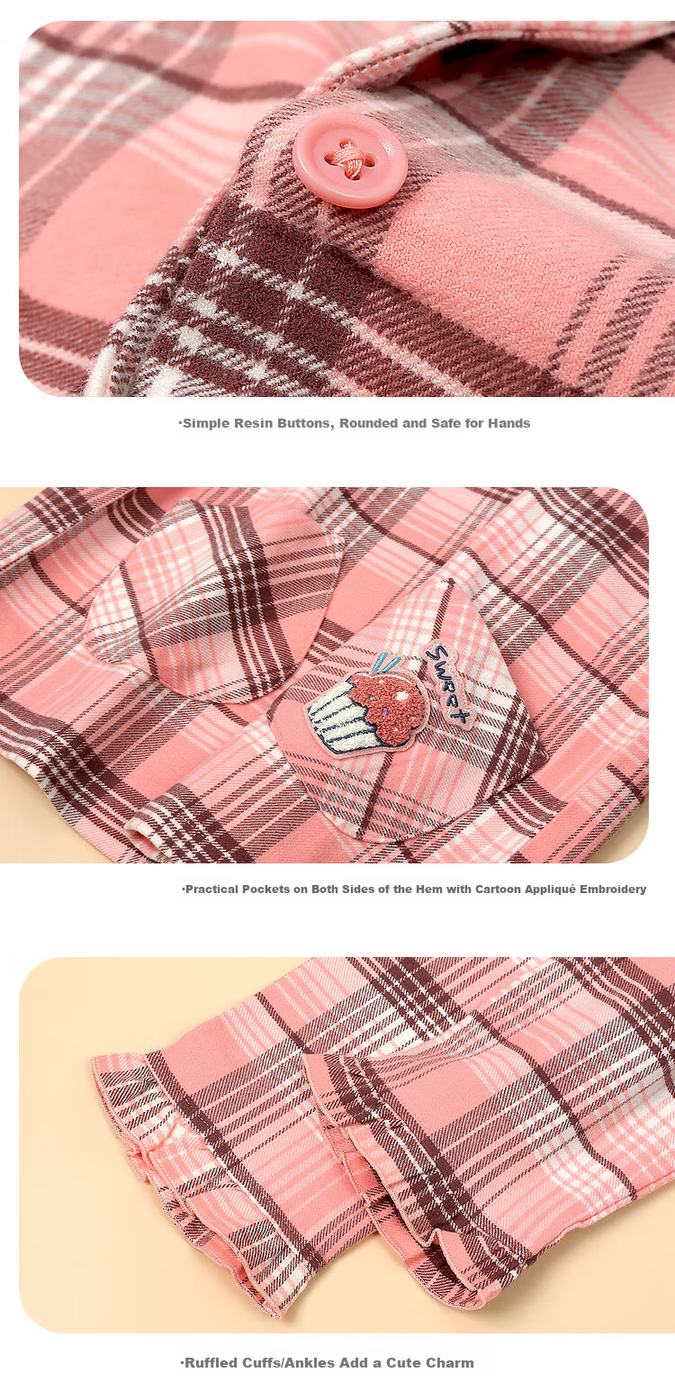 Hodohome Children's Pajamas, Girls' Plaid Cotton Loungewear, Girls' Brushed Lapel Cardigan Long-Sleeve Set 504 120 7