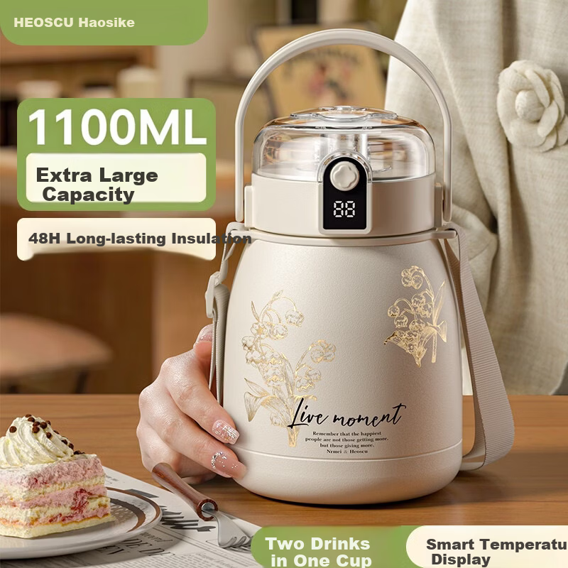 HEOSCU Large Capacity Insulated Tumbler for Women High-Value Wide-Mouth Thermos Kids Portable Straw Water Bottle