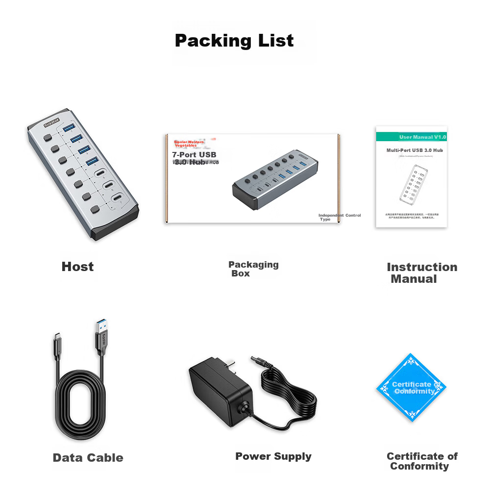 SIPOLAR USB 3.0 Hub with Independent Control, 7-Port High-Speed HUB, 4 USB + 3 Charging Ports, 24W High Power Docking Station FS-809, Extension Cable, Laptop Accessory 14
