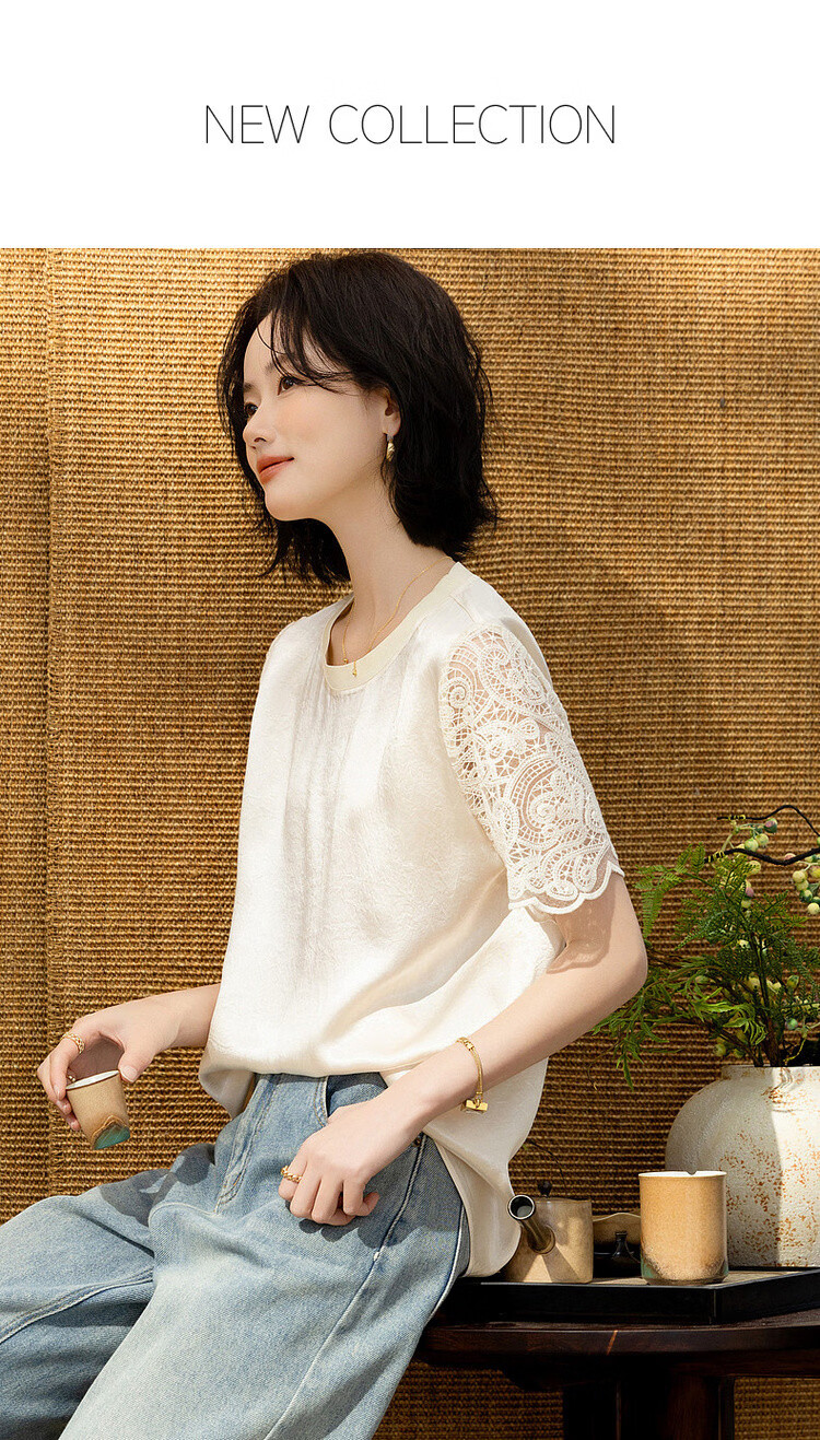 Demana [100 Acetate] Summer Glossy Lace Trim Short Sleeve Ribbed Crew Neck Loose Shirt for Women Premium Feel 1
