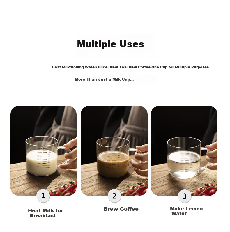 Newair High Borosilicate Glass Cup Heat-Resistant Milk Coffee Measuring Cup with Lid for Home and Office 4
