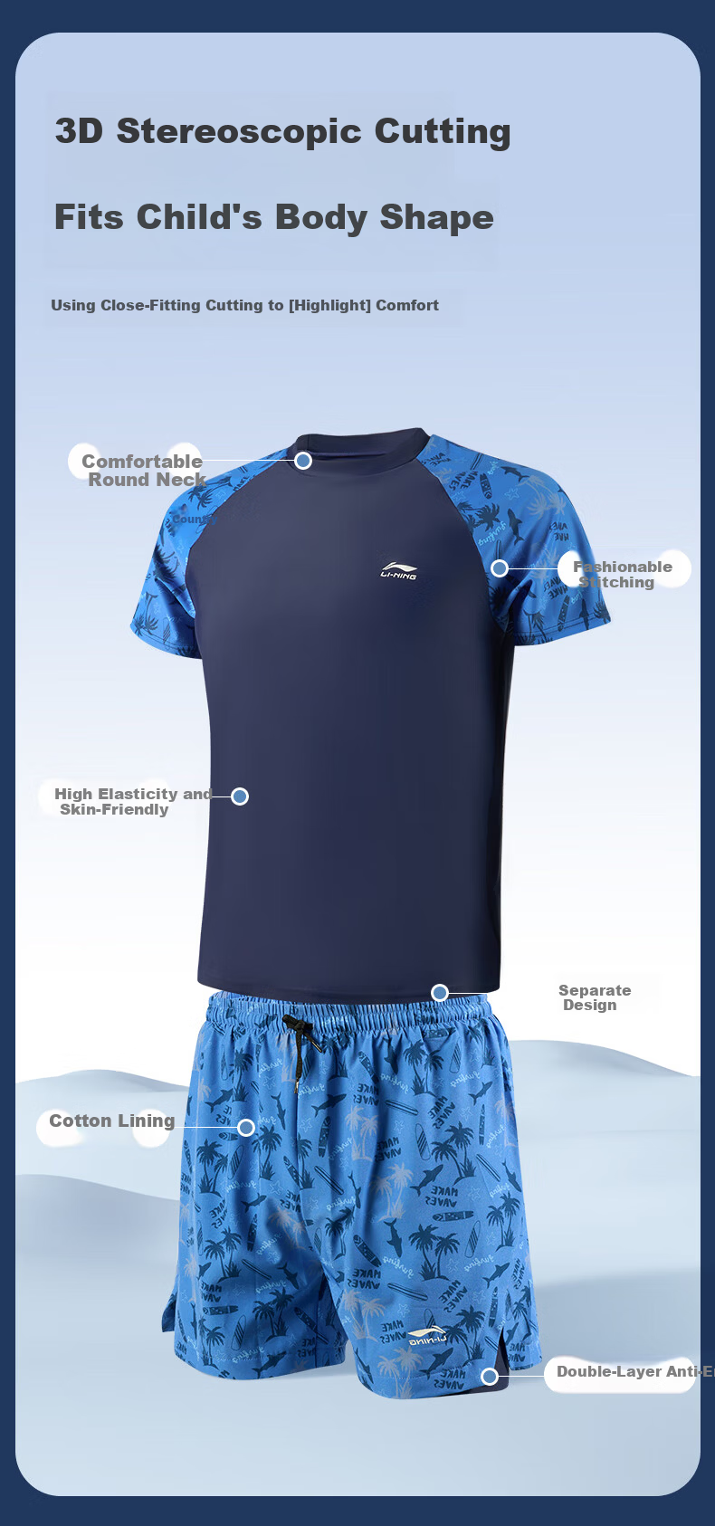 Li-Ning Kids Boys Plus Size Two-Piece Swimming Suit for Overweight Children, Ages 12-15, Professional Swimwear 1