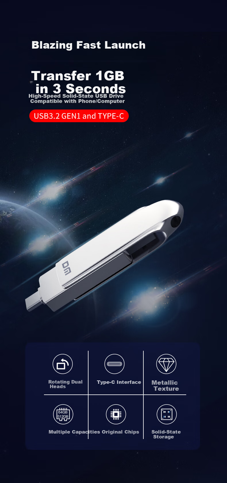 DM Damai 256GB USB 3.2 High-Speed Solid State Flash Drive FS520 Metal Car Computer USB Drive 520MB/s Read Speed 2