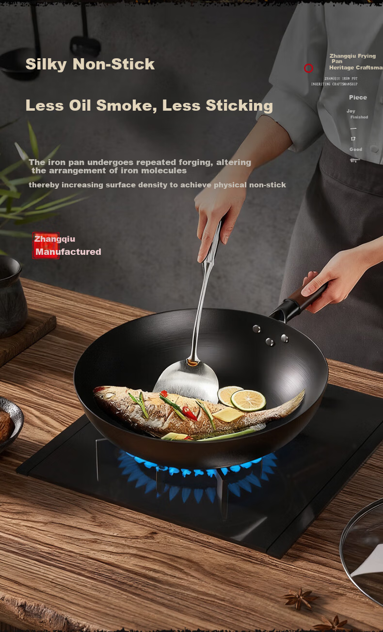 Lao Yiren Iron Wok Zhangqiu Authentic Traditional Uncoated Cast Iron Non-Stick Stir Fry Pan Household Round Bottom Frying Pan for Gas Stove 2