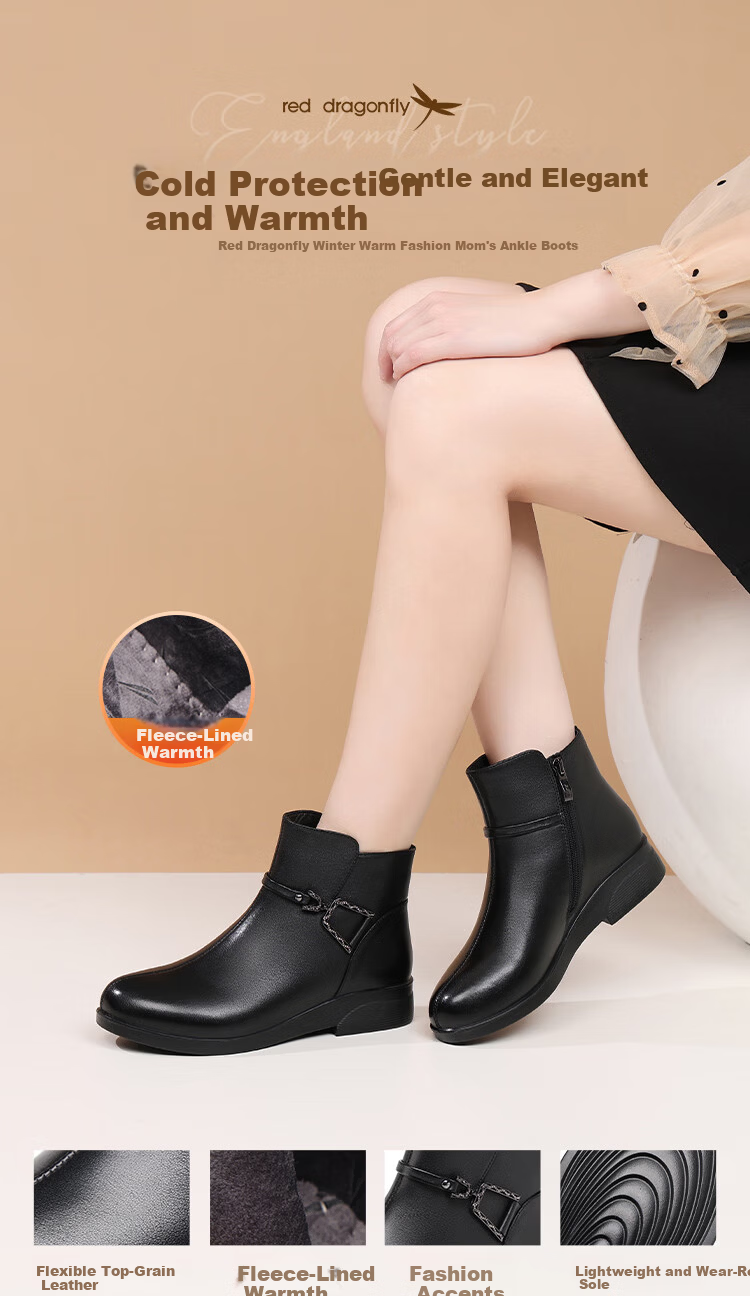 Red Dragonfly Women's Winter Warm Fleece-Lined Cotton Shoes Middle-Aged and Elderly Comfortable Soft Sole Ankle Boots WTC457491H Black Size 38 1