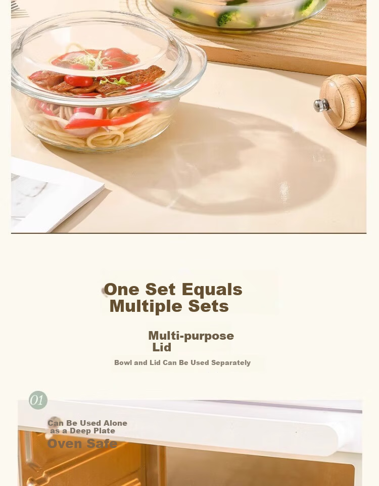 PINYU Glass Double-Handle Transparent Glass Bowl with Lid Microwave Safe Heat-Resistant Soup Bowl Noodle Bowl Salad Bowl Instant Noodle Steamed Egg Custard Bowl 4