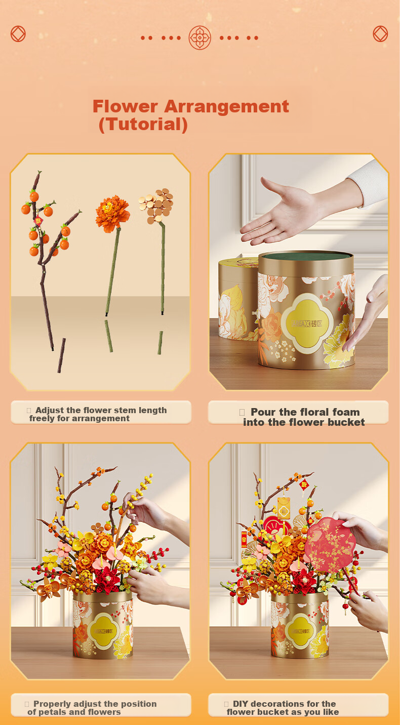 AREA-X Brick Zone Building Block Flower Shop Series Trendy Building Block Toy Holiday Gift Heartfelt Persimmon Orange - Hug Bucket 10