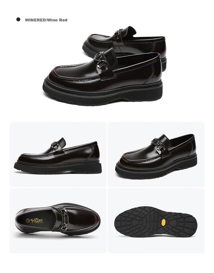 Goldlion Men's Business Leather Shoes Thick Sole Height Increasing Slip-On Loafers G515530138JIB Wine Red Size 38 14