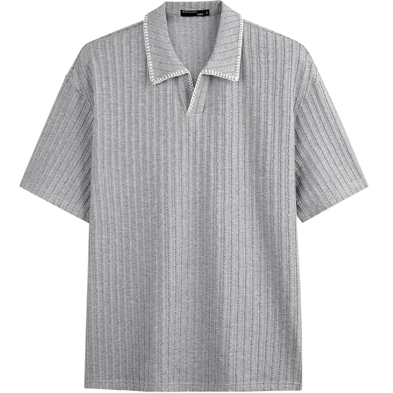 GXG Men's Mid-Weight Knit Lapel Short Sleeve Polo Shirt V-Neck Striped Texture 2026 Summer New Arrival